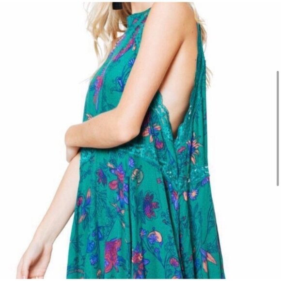 Free People Intimately She Moves Chemise Slip Dress XS Green Floral Lace Tie - Picture 1 of 16